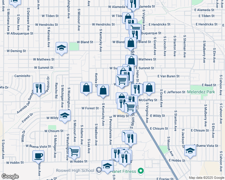 map of restaurants, bars, coffee shops, grocery stores, and more near 1100-1198 South Pennsylvania Avenue in Roswell