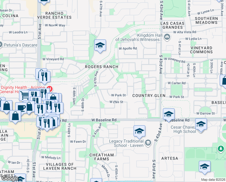 map of restaurants, bars, coffee shops, grocery stores, and more near 4603 West Fremont Road in Phoenix