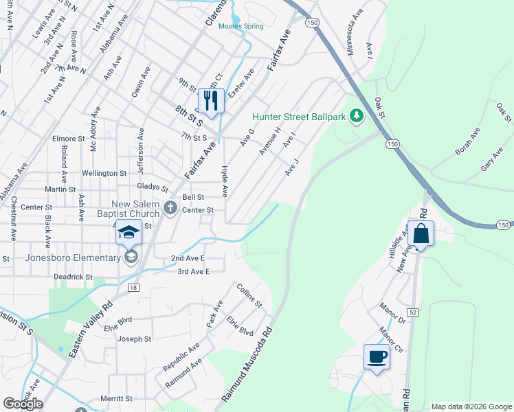 map of restaurants, bars, coffee shops, grocery stores, and more near 614 Avenue J in Bessemer