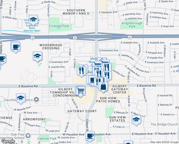 map of restaurants, bars, coffee shops, grocery stores, and more near 1949 East Jamaica Avenue in Mesa