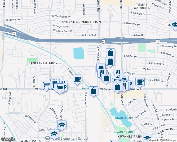 map of restaurants, bars, coffee shops, grocery stores, and more near 400 West Baseline Road in Tempe