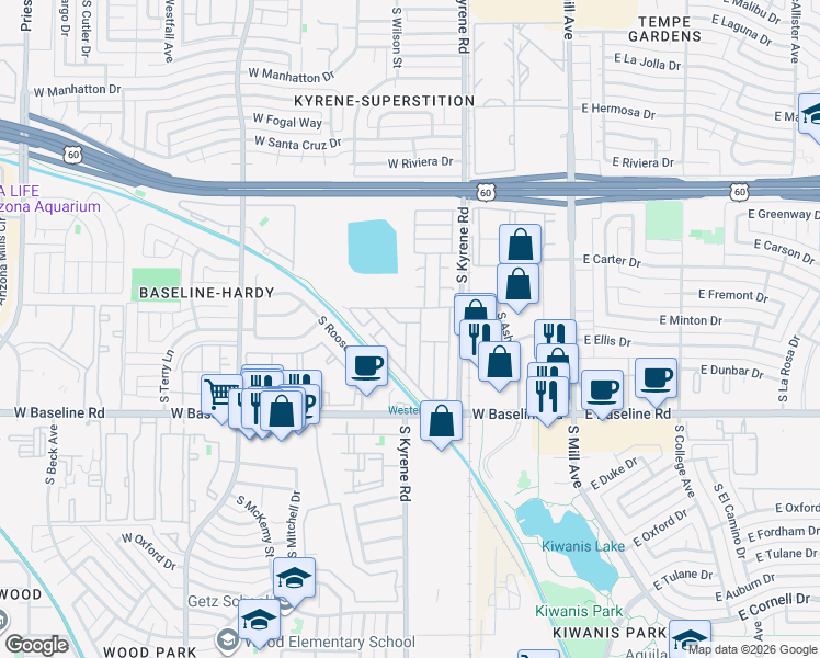 map of restaurants, bars, coffee shops, grocery stores, and more near Baseline Mobile Home Park in Tempe