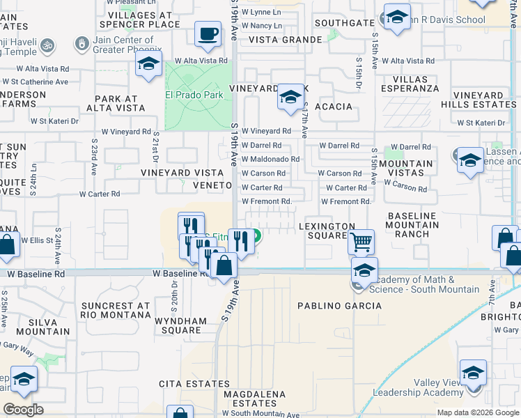 map of restaurants, bars, coffee shops, grocery stores, and more near 1834 West Minton Street in Phoenix