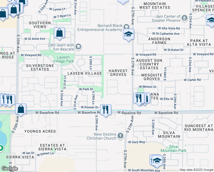 map of restaurants, bars, coffee shops, grocery stores, and more near 7234 South 28th Lane in Phoenix