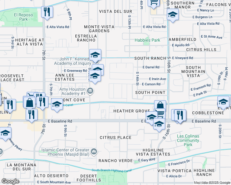 map of restaurants, bars, coffee shops, grocery stores, and more near 7225 South 12th Way in Phoenix