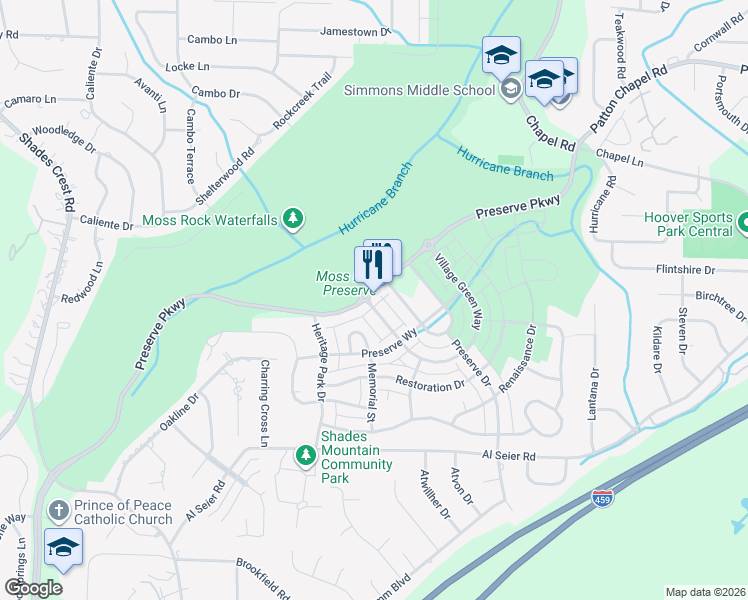 map of restaurants, bars, coffee shops, grocery stores, and more near 622 Preserve Parkway in Hoover