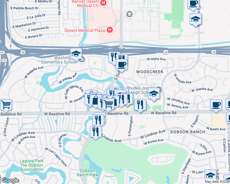 map of restaurants, bars, coffee shops, grocery stores, and more near 1819 South Dobson Road in Mesa