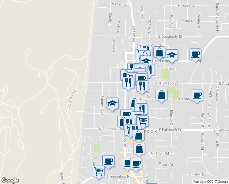 map of restaurants, bars, coffee shops, grocery stores, and more near 430 West Fig Street in Fallbrook