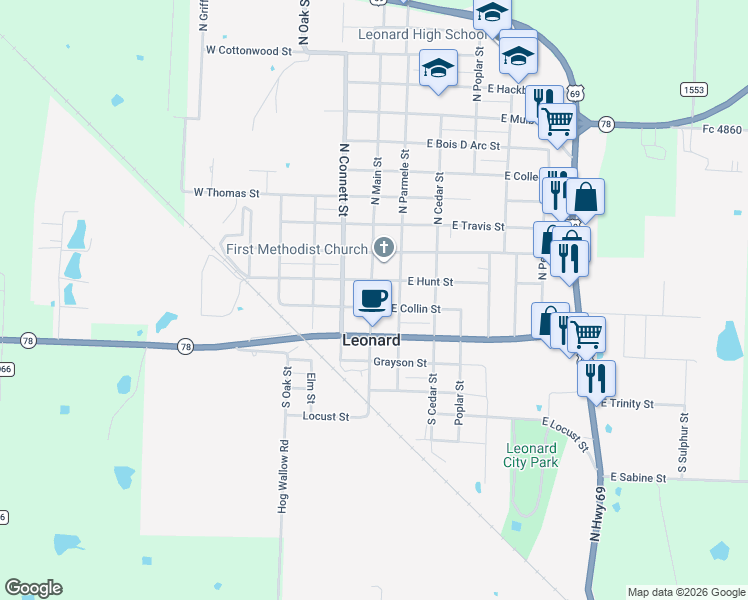 map of restaurants, bars, coffee shops, grocery stores, and more near 100 East Collin Street in Leonard