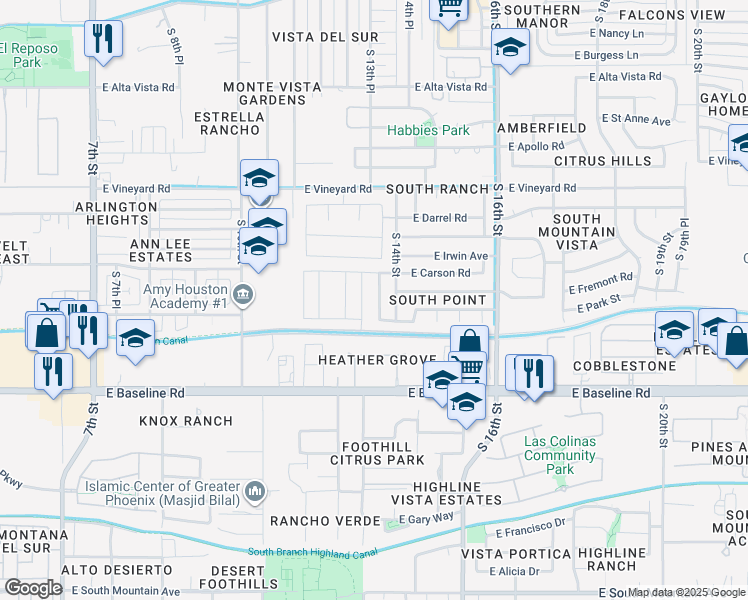 map of restaurants, bars, coffee shops, grocery stores, and more near 7218 South 14th Place in Phoenix