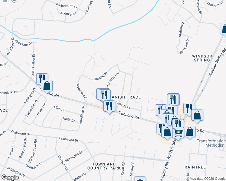 map of restaurants, bars, coffee shops, grocery stores, and more near 3601 Andorra Ct in Hephzibah
