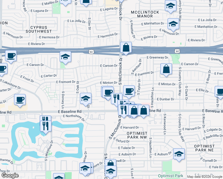 map of restaurants, bars, coffee shops, grocery stores, and more near 4906 South Alder Drive in Tempe