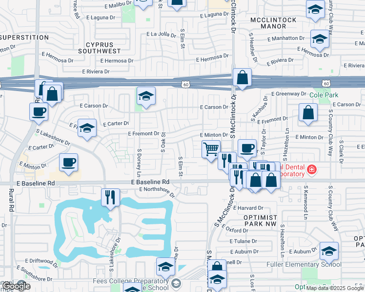 map of restaurants, bars, coffee shops, grocery stores, and more near 4810 South Birch Street in Tempe