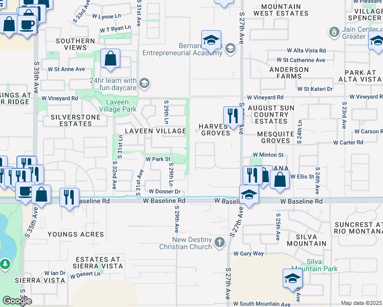 map of restaurants, bars, coffee shops, grocery stores, and more near 7234 South 28th Lane in Phoenix