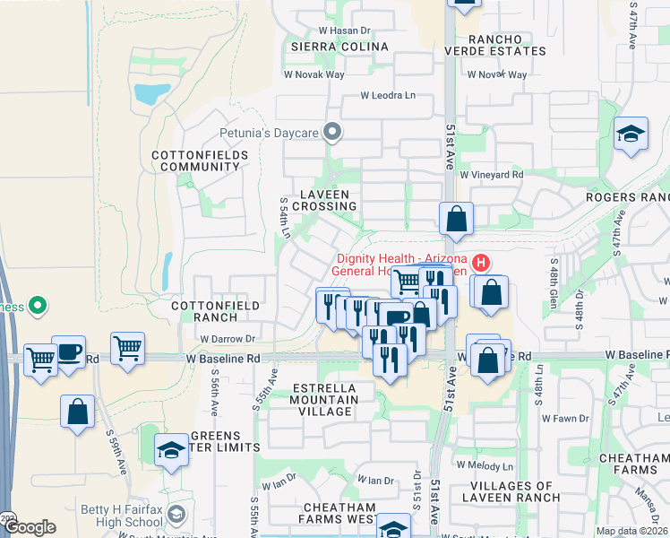 map of restaurants, bars, coffee shops, grocery stores, and more near 5331 West Fremont Road in Phoenix