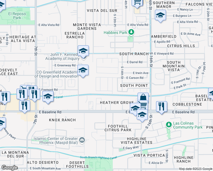 map of restaurants, bars, coffee shops, grocery stores, and more near 7228 South 13th Street in Phoenix