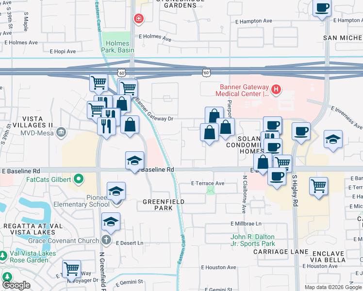 map of restaurants, bars, coffee shops, grocery stores, and more near 4760 East Baseline Road in Mesa