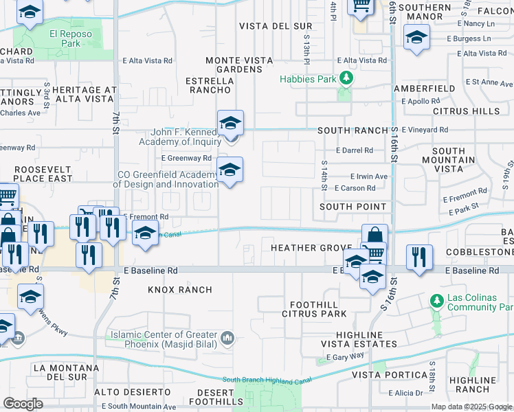map of restaurants, bars, coffee shops, grocery stores, and more near 7228 South 12 Place in Phoenix