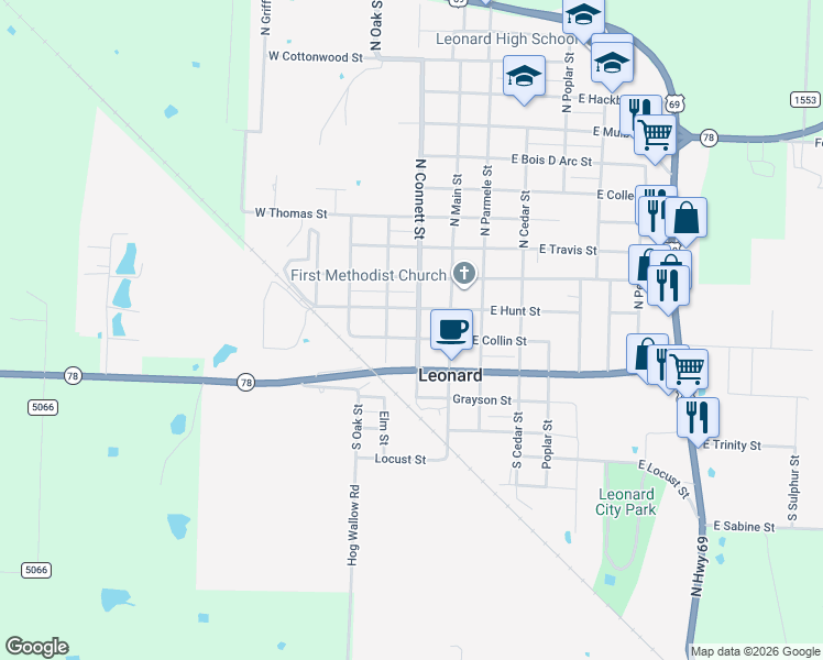 map of restaurants, bars, coffee shops, grocery stores, and more near 200 West Collin Street in Leonard