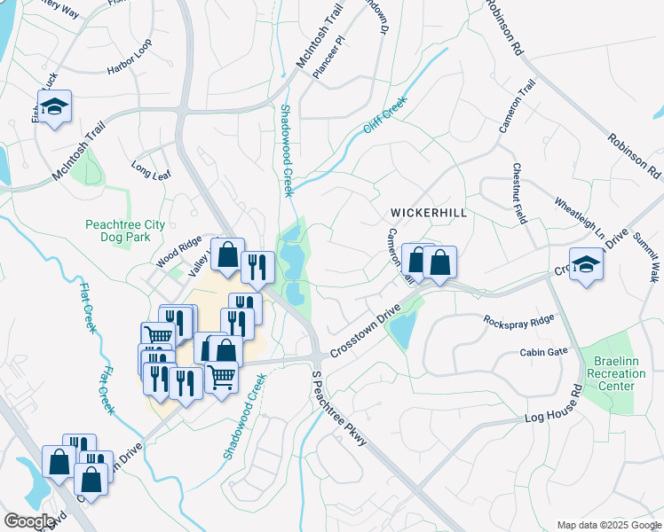 map of restaurants, bars, coffee shops, grocery stores, and more near 122 Terrace Tay in Peachtree City