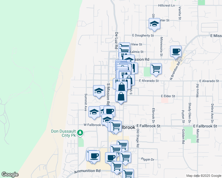 map of restaurants, bars, coffee shops, grocery stores, and more near 230 West Fig Street in Fallbrook