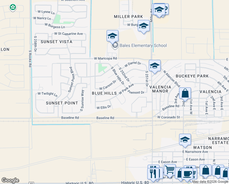 map of restaurants, bars, coffee shops, grocery stores, and more near 25337 West Carter Court in Buckeye