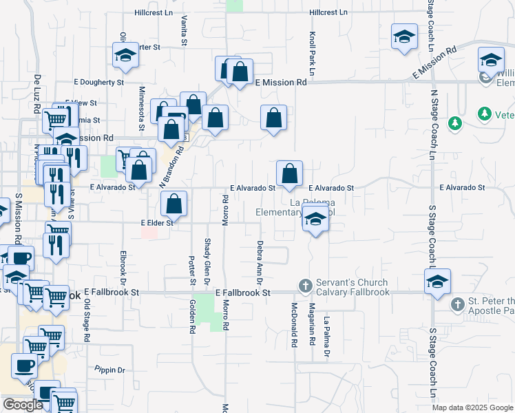 map of restaurants, bars, coffee shops, grocery stores, and more near 147 Kaden Court in Fallbrook
