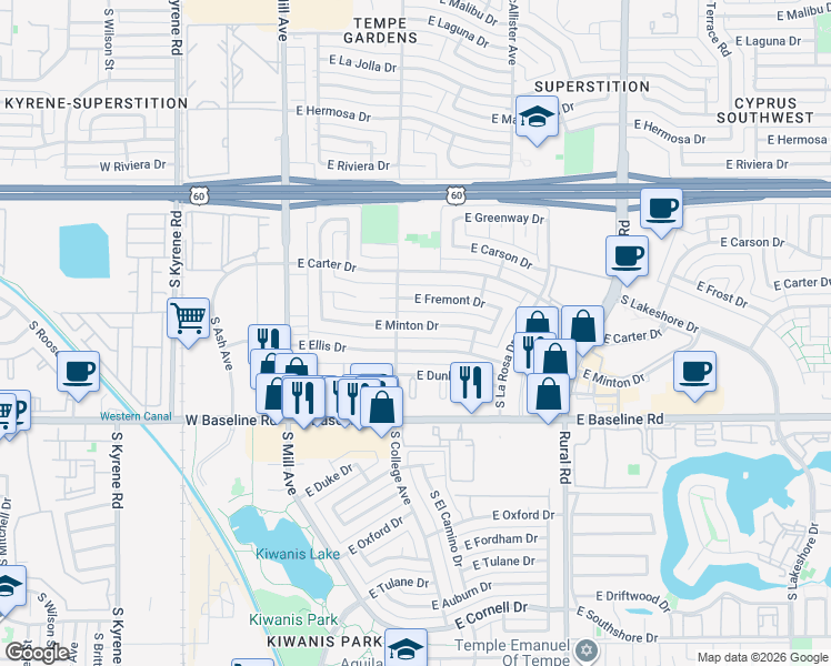 map of restaurants, bars, coffee shops, grocery stores, and more near 317 East Minton Drive in Tempe