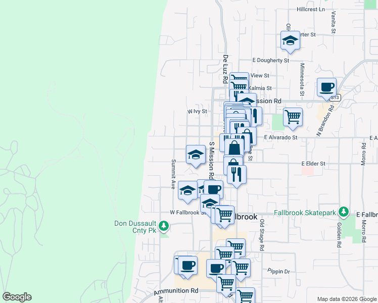 map of restaurants, bars, coffee shops, grocery stores, and more near 206 South Wisconsin Street in Fallbrook