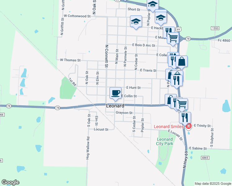map of restaurants, bars, coffee shops, grocery stores, and more near 100 East Collin Street in Leonard