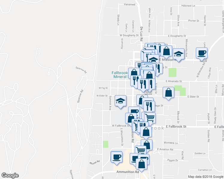 map of restaurants, bars, coffee shops, grocery stores, and more near 540 West Fig Street in Fallbrook