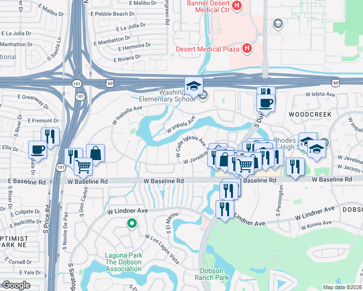 map of restaurants, bars, coffee shops, grocery stores, and more near 2337 West Calle Iglesia Avenue in Mesa