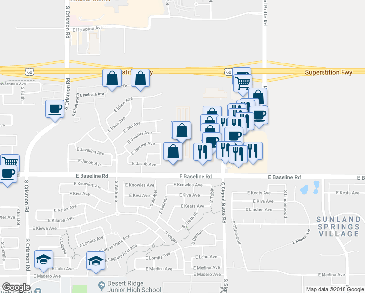 map of restaurants, bars, coffee shops, grocery stores, and more near 10550 East Baseline Road in Mesa