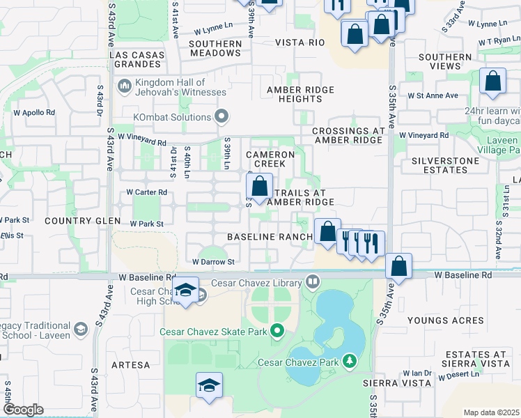 map of restaurants, bars, coffee shops, grocery stores, and more near 7207 South 39th Avenue in Phoenix