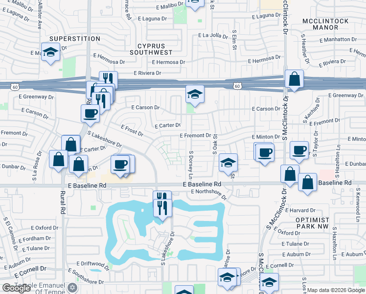 map of restaurants, bars, coffee shops, grocery stores, and more near 1236 East Baker Drive in Tempe