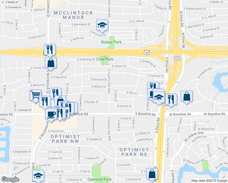map of restaurants, bars, coffee shops, grocery stores, and more near 4820 South Clark Drive in Tempe