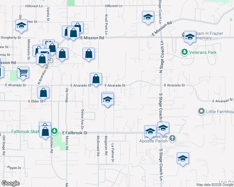 map of restaurants, bars, coffee shops, grocery stores, and more near 140 South Mercedes Road in Fallbrook