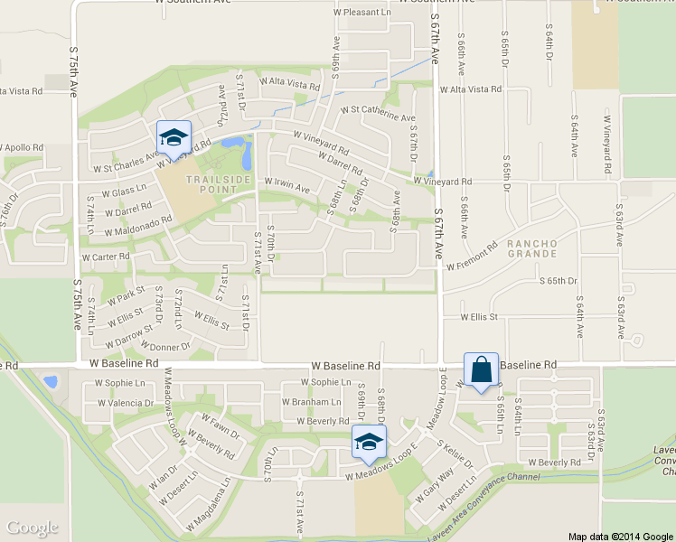 map of restaurants, bars, coffee shops, grocery stores, and more near 7144 South 68th Lane in Phoenix