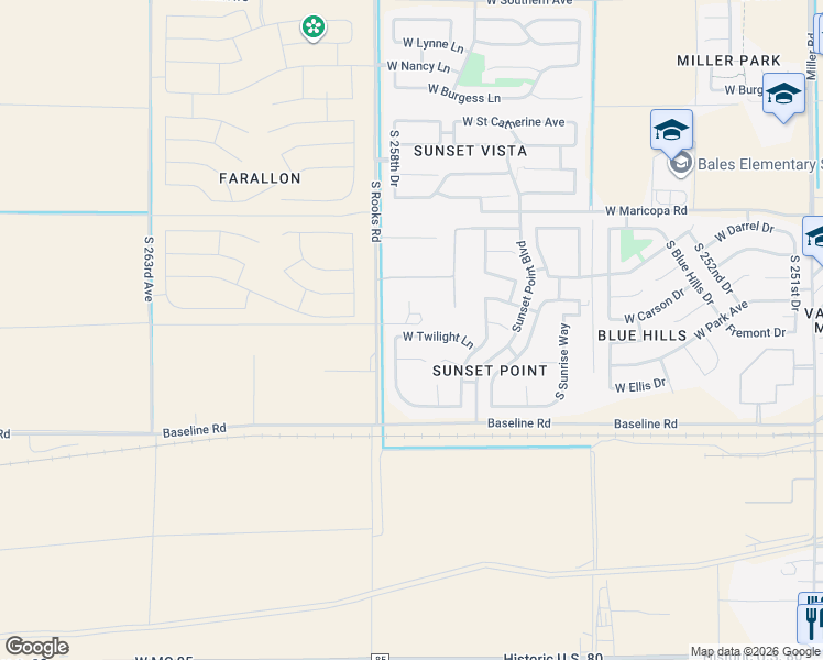 map of restaurants, bars, coffee shops, grocery stores, and more near 25856 West Twilight Lane in Buckeye
