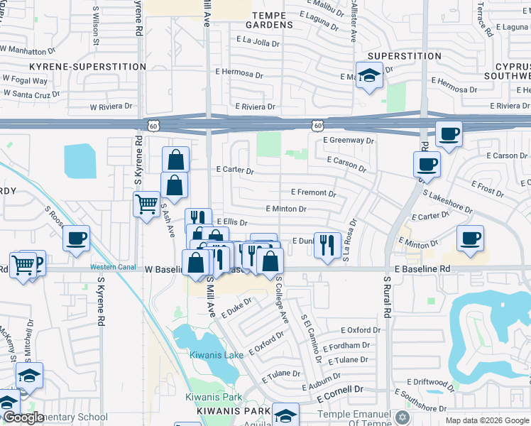 map of restaurants, bars, coffee shops, grocery stores, and more near 219 East Minton Drive in Tempe