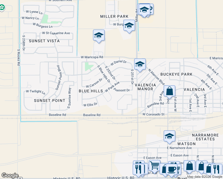 map of restaurants, bars, coffee shops, grocery stores, and more near 25259 West Park Avenue in Buckeye