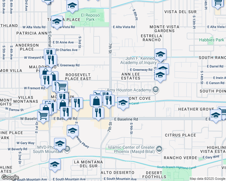 map of restaurants, bars, coffee shops, grocery stores, and more near 7131 South 7th Street in Phoenix