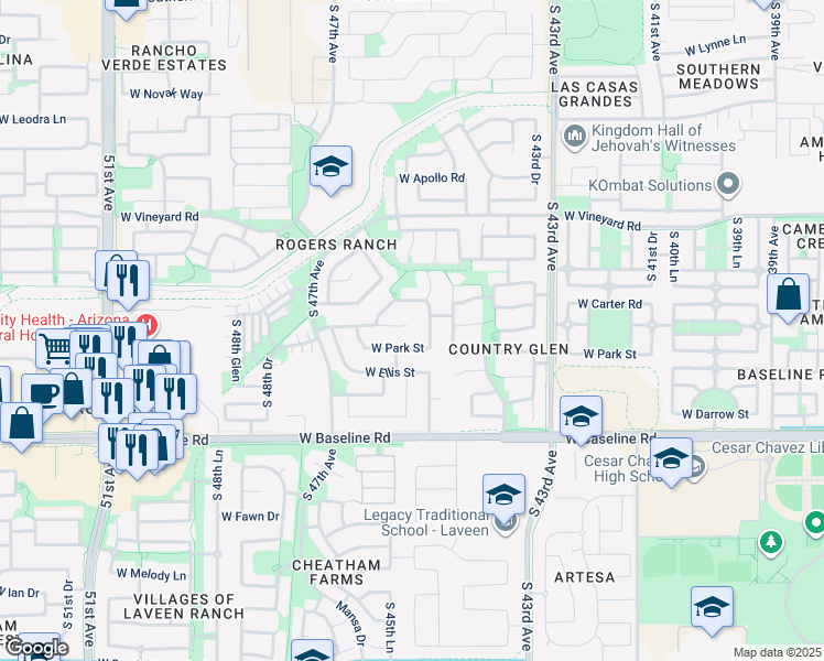map of restaurants, bars, coffee shops, grocery stores, and more near 4505 West Fremont Road in Phoenix