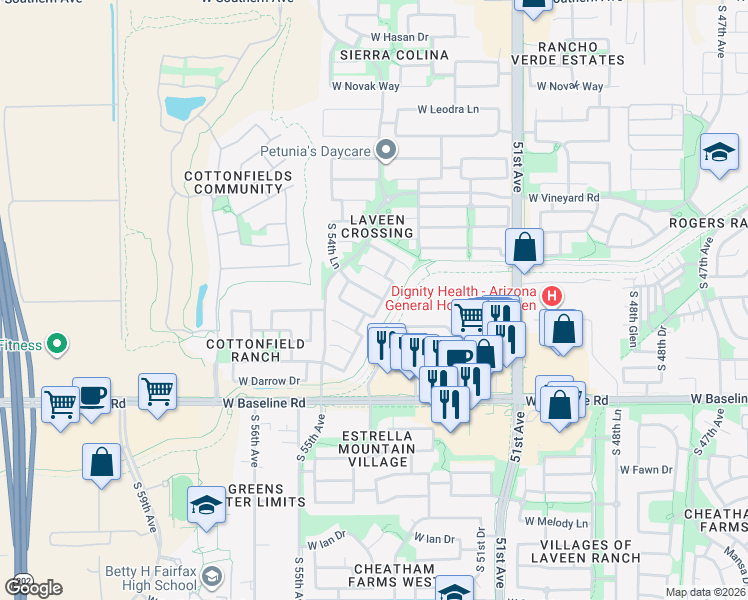 map of restaurants, bars, coffee shops, grocery stores, and more near 5331 West Fremont Road in Phoenix