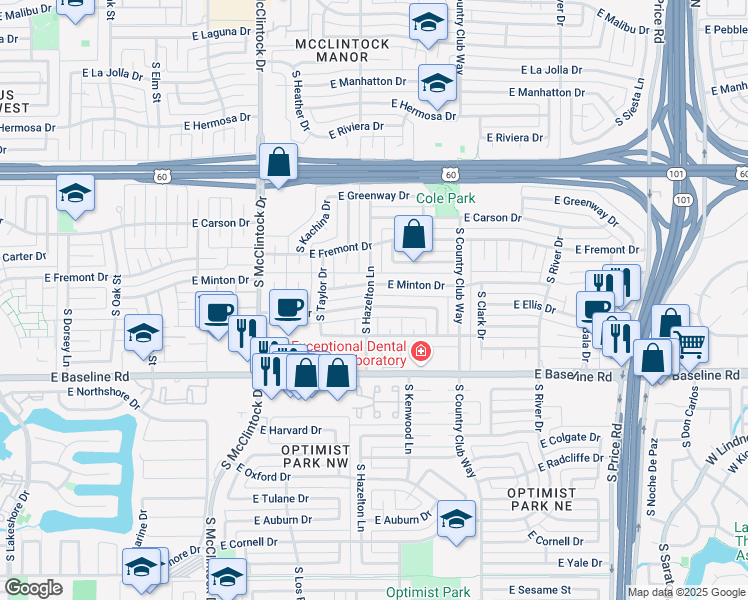 map of restaurants, bars, coffee shops, grocery stores, and more near 1904 East Ellis Drive in Tempe