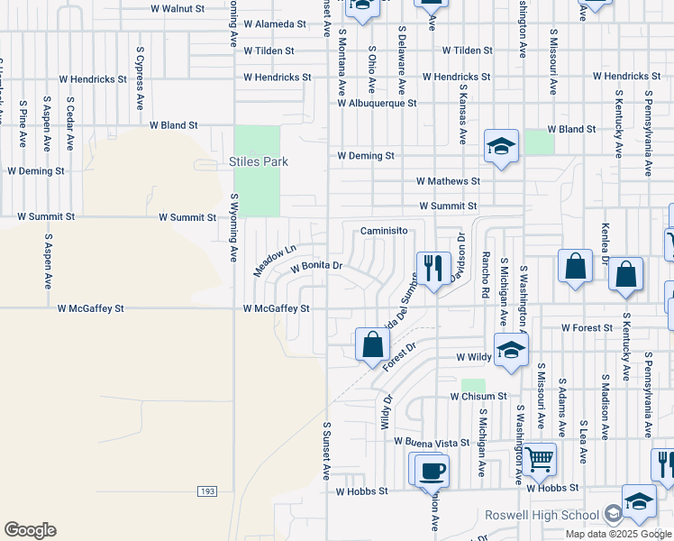 map of restaurants, bars, coffee shops, grocery stores, and more near 1202 West Bonita Drive in Roswell