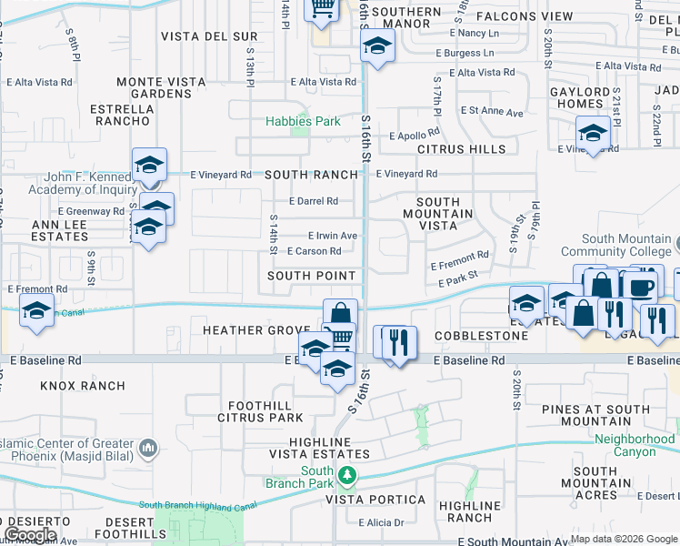 map of restaurants, bars, coffee shops, grocery stores, and more near 1511 East Carter Road in Phoenix
