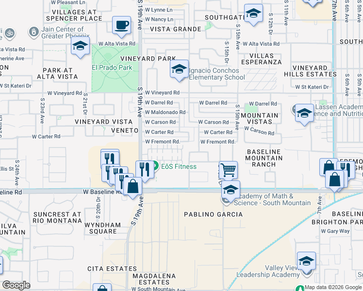 map of restaurants, bars, coffee shops, grocery stores, and more near 1710 West Minton Street in Phoenix