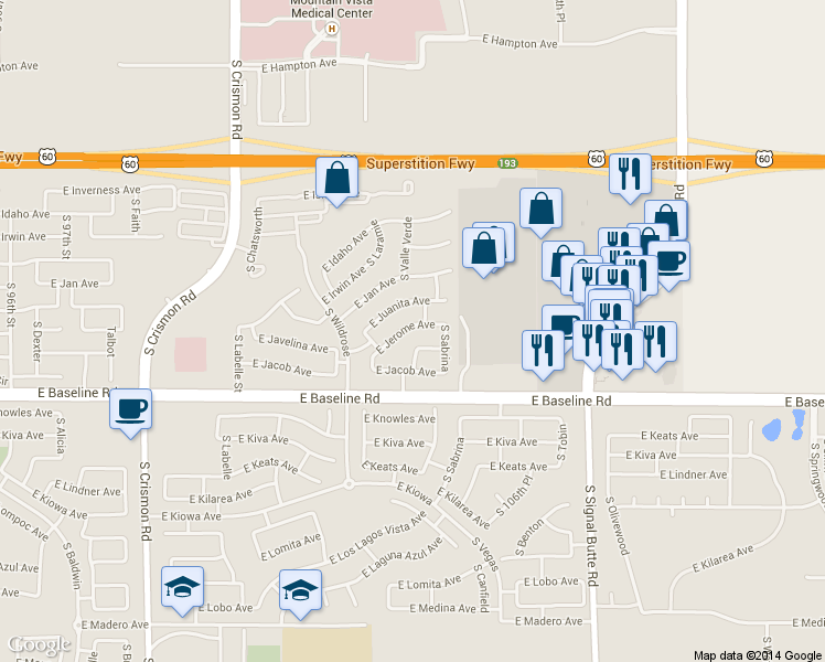 map of restaurants, bars, coffee shops, grocery stores, and more near 10349 East Jerome Avenue in Mesa