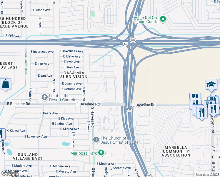 map of restaurants, bars, coffee shops, grocery stores, and more near 8340 East Baseline Road in Mesa